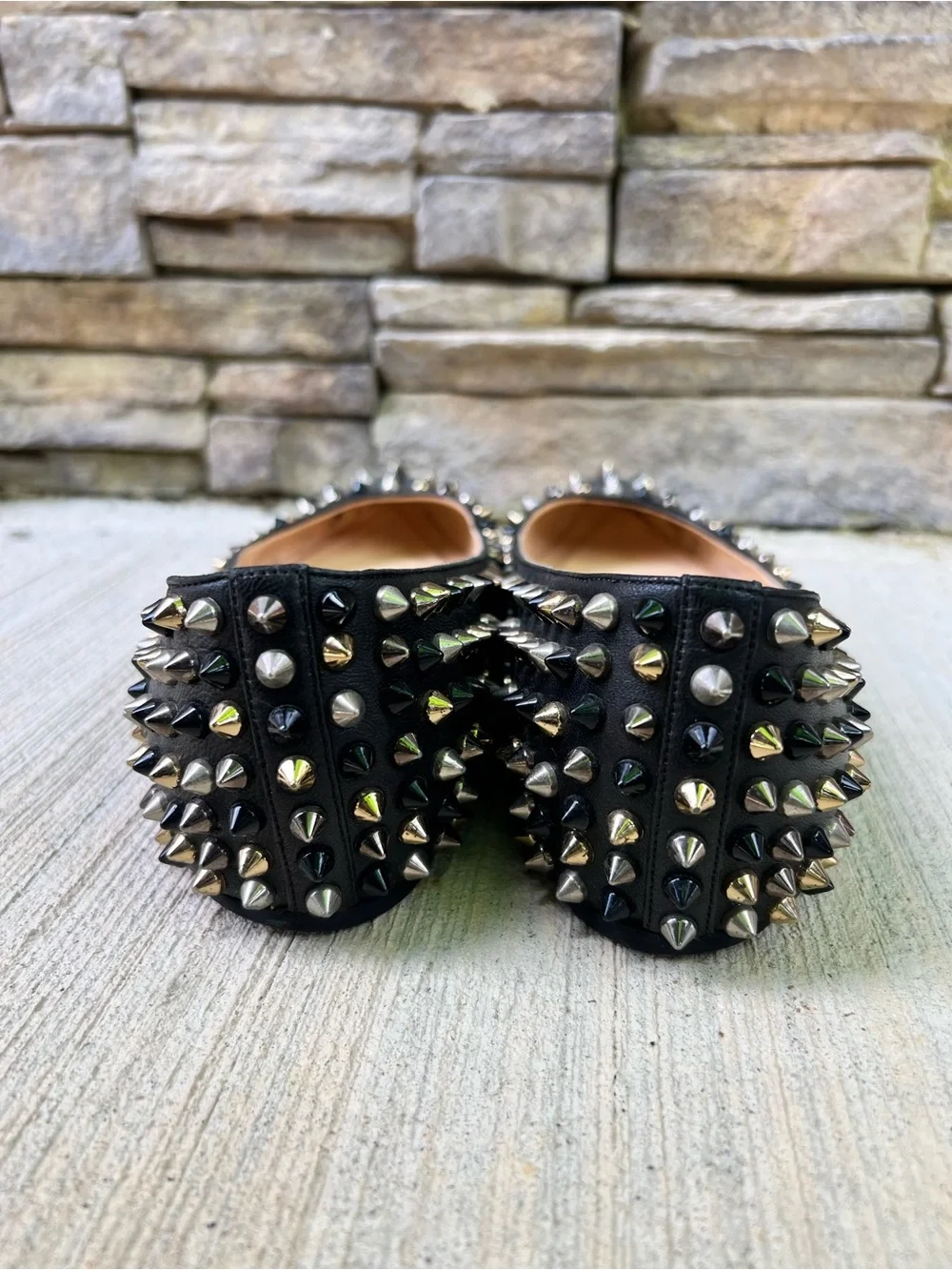 Christian Louboutin Black Studded Pointed Flats with Red Soles